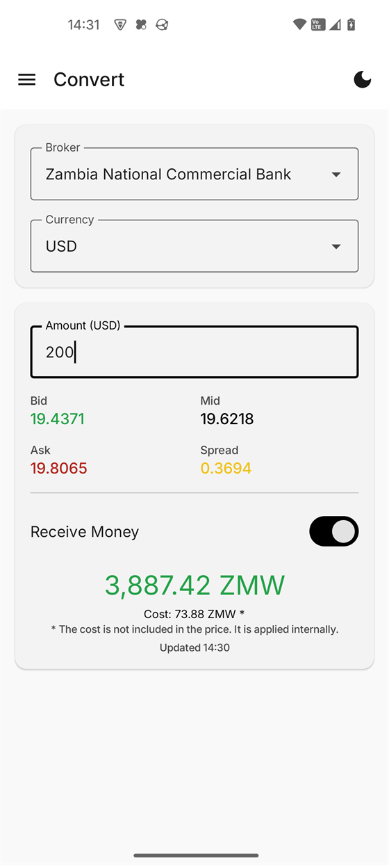 Kwacha Monitor showing the live bid, mid and ask rates for USD against the Zambian Kwacha